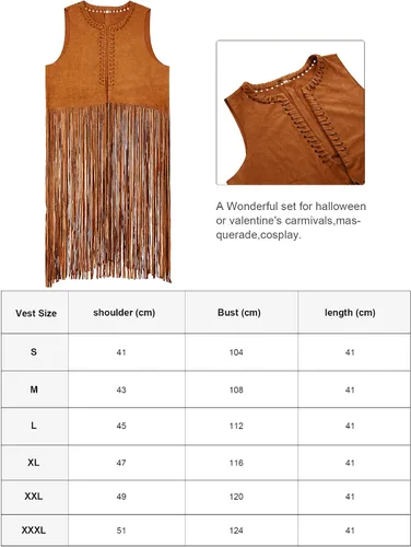 Vista 4 de Conjunto de disfraz hippie de los años 70 para mujer, chaleco bohemio con flecos, pantalones acampanados, signo de la paz y aretes, para fiesta