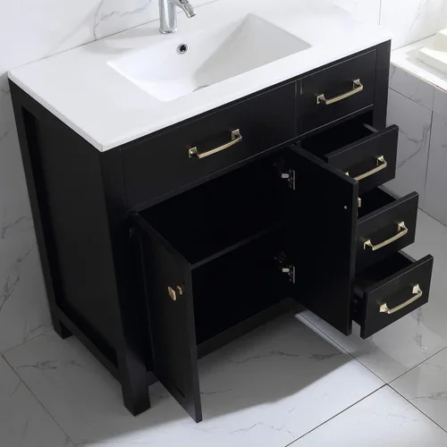 Vista 3 de wonline Lavabo de baño negro de 36 pulgadas y fregadero de cerámica empotrado para fregadero de cerámica con tocador de espejo, juego de tocador