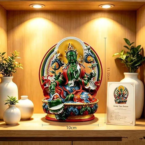 Vista 2 de Green Tara Buddha,Figura budista pequeña tántrica,Mango de resina hecho a mano plateado figura tibetana