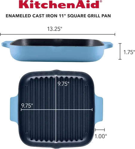 Vista 2 de KitchenAid Parrilla cuadrada de hierro fundido esmaltado y bandeja para asar, 11 pulgadas, terciopelo azul