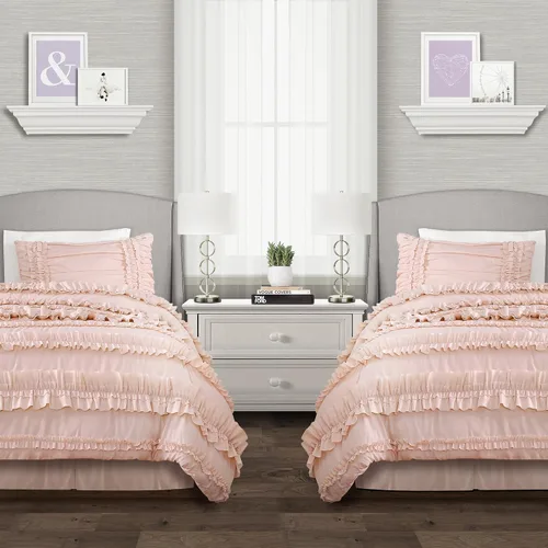 Vista 2 de Lush Decor Belle - Juego de cama de 4 piezas con falda de cama y 2 fundas de almohada, juego de edredón King, color blanco