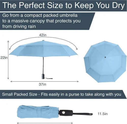 Vista 6 de RainPlus Windproof Travel Umbrella - Compact, Automatic, Folding and Portable - Umbrellas For Rain for Men and Women - Car, Backpack, Purse, Strong