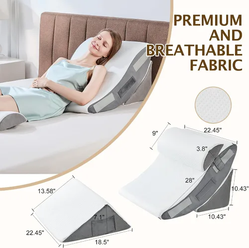 Vista 7 de Almohada de cuña de cama, 4 piezas, ajustable, de espuma viscoelástica, triangular, para después de la cirugía, cuña de almohada para la apnea