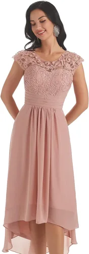 Vista 4 de Huaxiafan Vestidos de madre de la novia para boda cuello redondo mangas casquillo una línea de encaje gasa vestido formal alto bajo