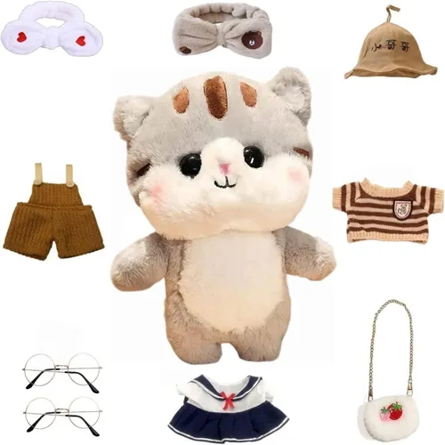 Vista 7 de Juguete de peluche de pato con 9 trajes y accesorios para combinar con ropa de vestir para niños (12 pulgadas) (gato gris)