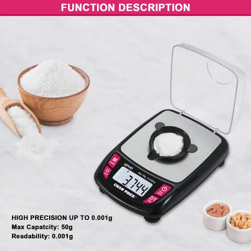 Vista 2 de GRAM PRES Báscula digital de bolsillo de miligramo de 50/0.00 oz de precisión con LCD, función de tara y peso de calibración para joyas, monedas
