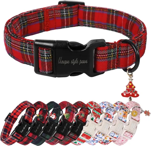 Vista 28 de Collar de perro de Navidad de Unique Style Paws con hebilla de plástico y colgante, a cuadros rojo y negro, collares de algodón para cachorros