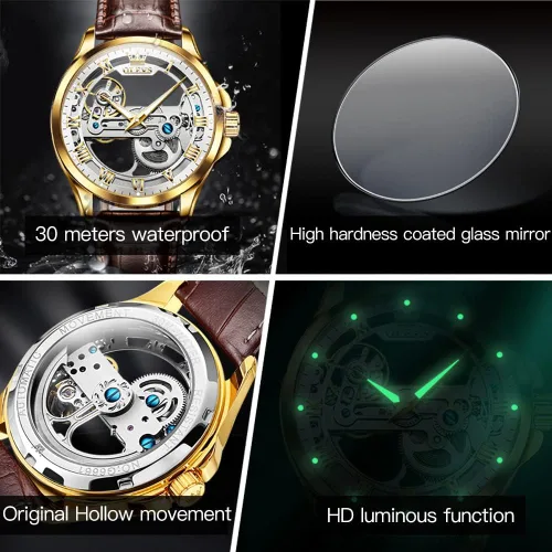 Vista 5 de OLEVS Relojes automáticos de cuero para hombres jóvenes, relojes de moda para hombres