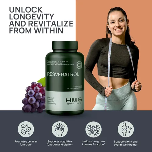 Vista 4 de HMS Nutrition Resveratrol 1400 mg por porción — 120 cápsulas veganas Trans‑resveratrol de alta potencia con acai, semilla de uva y té verde