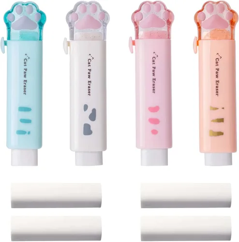 Vista 8 de 4 piezas de borrador retráctil Kawaii con patas de gato para niños, goma para estudiantes que escriben, dibujar estéticos suministros escolares