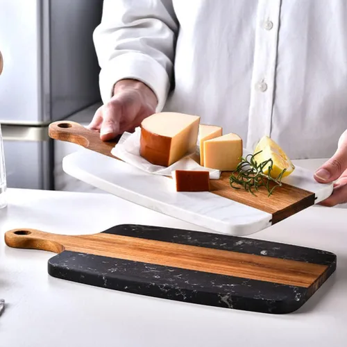 Vista 2 de Hemoton Tabla de cortar de madera con mango Tabla de cortar de madera rectangular con paleta para cortar carnicero colgante de placa de bistec