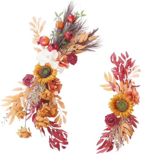 Vista 10 de 2 piezas de flores de arco de boda con girasoles artificiales con granada y hierba de las pampas, guirnaldas florales decorativas Champán
