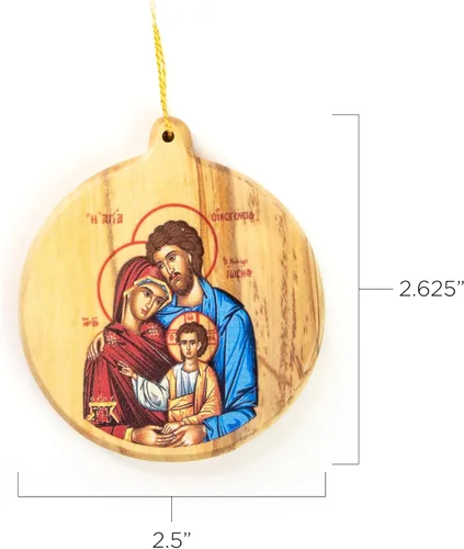 Vista 2 de Adornos de Navidad católicos – Sagrada Familia Bizantina Icono Redondo Adornos de Madera de Olivo de Tierra Santa – Pequeños adornos de Navidad