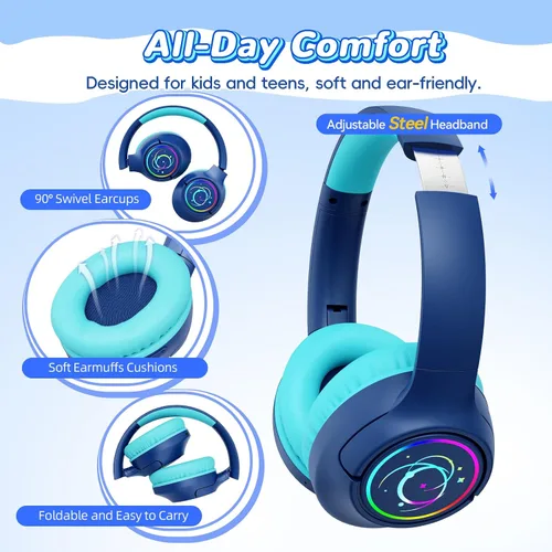 Vista 5 de Auriculares Bluetooth para niños con tiempo de reproducción de 85 horas Azul marino