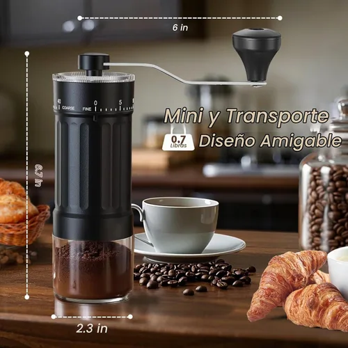 Vista 3 de EZLucky Molinillo de café manual con 40 ajustes externos, molinillo de frijoles de manivela manual de 1.06 oz de capacidad, molinillo compacto