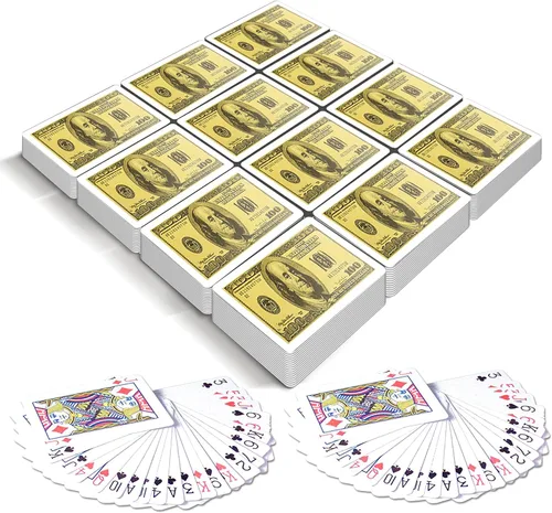 Vista 3 de Gamie Cartas de juego de billetes de 100 dólares, paquete de 12 barajas, envueltas individualmente, tarjetas de juego para póker, niños, adultos