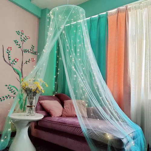 Vista 14 de Dosel de cama Eimilaly con mosquitera y 250 piezas de luces de cortina blancas cálidas, dosel de cama para decoración de habitación de niñas o Luces