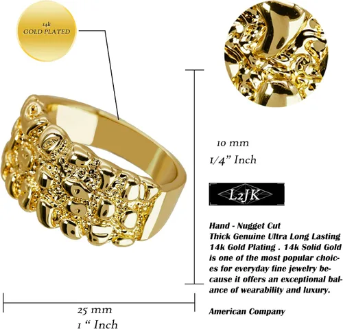 Vista 3 de Anillo de pepita chapado en oro, estilo hip hop, anillo chapado en oro de 14 quilates para hombres y mujeres, disponible en tamaños 7 a 12, metal