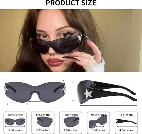 Vista 5 de Kepoita Gafas de sol Y2k sin montura para mujer, de gran tamaño, retro, a la moda, protección futurista, envolvente, sin marco, Marco negro gris.