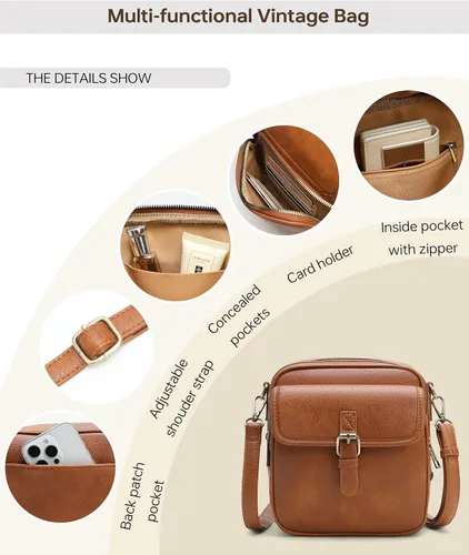 Vista 4 de Bolso bandolera pequeño de cuero vegano para mujeres y hombres, bolso cruzado vintage con ranuras para tarjetas