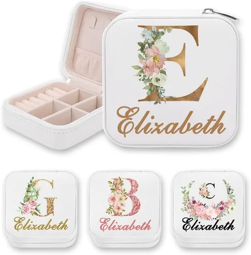 Vista 2 de iDWYN Joyero de cuero personalizado con inicial de nombre y flor, estuche organizador de joyas, estuche organizador de joyas, regalos de cumpleaños