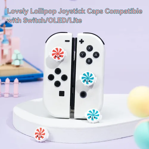 Vista 2 de GeekShare 4 tapas de silicona para palanca de mando de joystick, compatibles con Nintendo SwitchOLEDSwitch Lite, piruletas rojas y azules