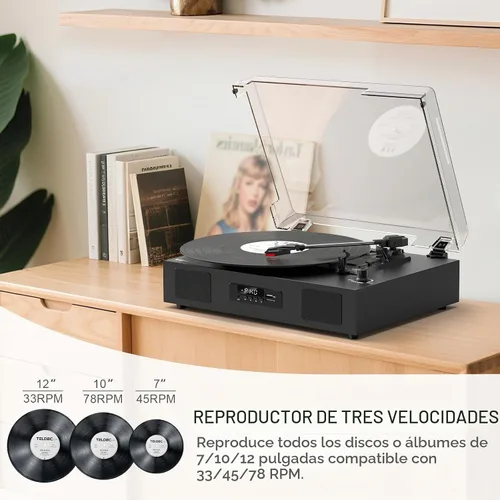 Vista 9 de Tocadiscos de discos de vinilo con altavoces estéreo integrados, tocadiscos vintage de 3 velocidades para discos de vinilo, grabación USB SD