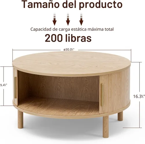 Vista 2 de ZttRiee Mesa auxiliar para sala de estar, moderna mesa de centro redonda con armarios y puertas correderas, espacio pequeño para el hogar, mesa