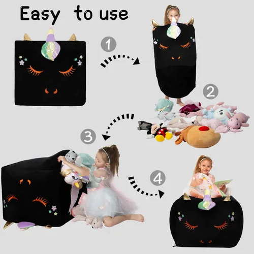 Vista 3 de Sillones puf de unicornio negro, ideas de almacenamiento de animales de peluche para decoración de habitación de niñas, soporte y organizador