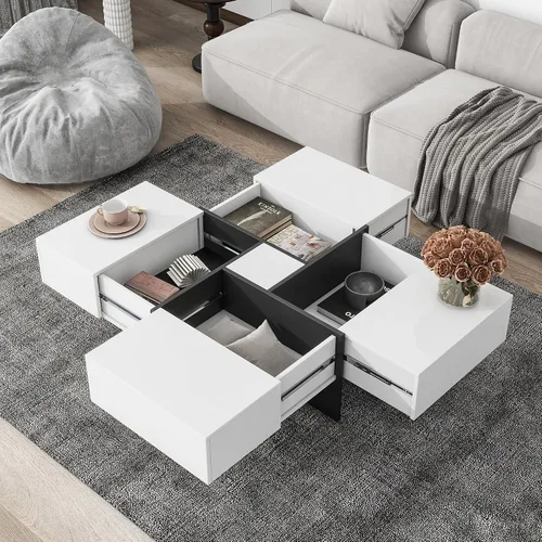 Vista 17 de RUNNA Mesa de centro elevable, mesa de centro elevable con 1 cajón de almacenamiento y estante, sofá de madera ajustable para té, mesa de centro
