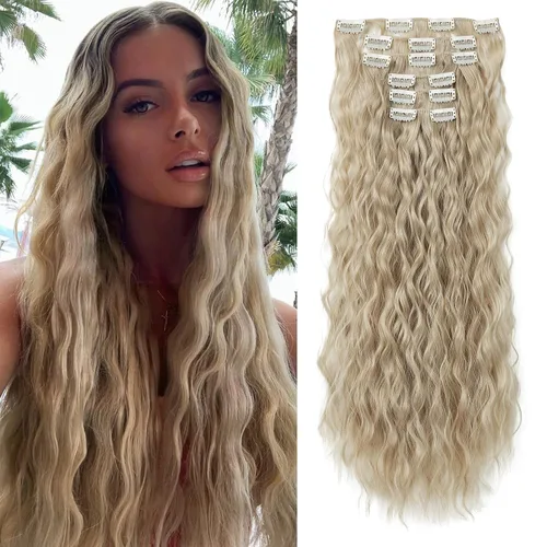 Vista 10 de Flufymooz - Extensiones de cabello con clip, 6 unidades, extensiones de cabello largas con ondas de sirena, sintético, postizo para mujer, 24 Marrón