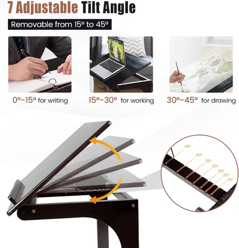 Vista 7 de Mesa auxiliar de bambú para sofá, mesa de TV ajustable en forma de C con mesa ajustable de 7 ángulos y tapón, escritorio portátil para computadora