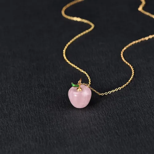 Vista 2 de ZPMMPZ Collar de manzana, collar de cuarzo rosa, collar de cuarzo rosa manzana, collar con colgante de manzana de cristal rosa para mujeres y niñas