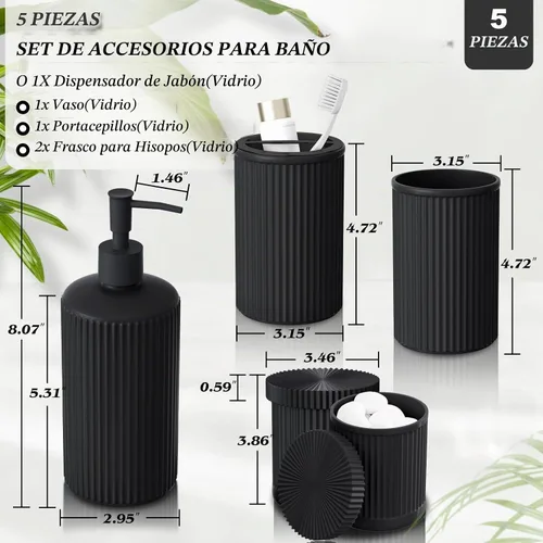 Vista 2 de Juego de accesorios de baño de cristal negro, 5 piezas, dispensador de jabón acanalado vintage, soporte para cepillo de dientes, vaso, tarro Qtip