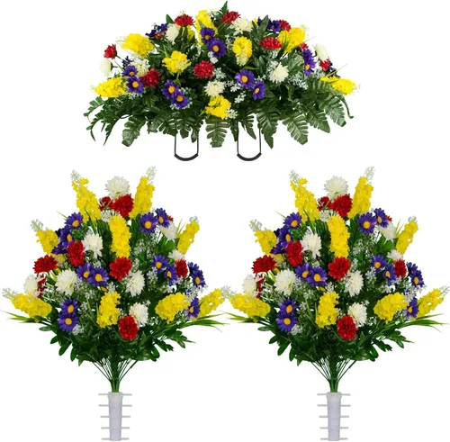 Vista 31 de Sympathy Silks Flores artificiales para cementerios – Decoraciones para tumbas - 1 ramo de flores silvestres de violeta púrpura y naranja, 1 montura