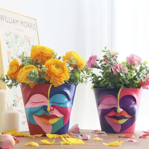 Vista 5 de GUGUGO - Maceta con drenaje y diseño de cara abstracta con colores arcoíris para plantas de interior y exterior, decoración divertida