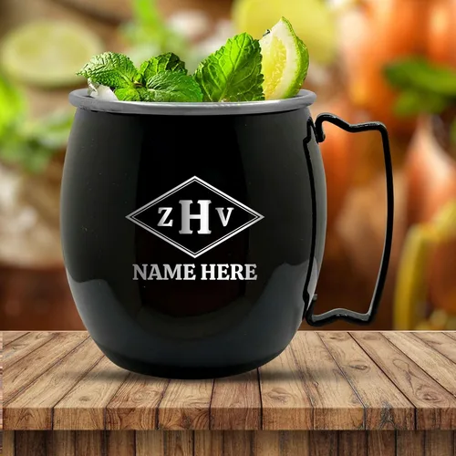 Vista 3 de Tazas de Moscú Mule negras personalizadas con acabado liso con monograma grabado estilo barra, 16 onzas, individual