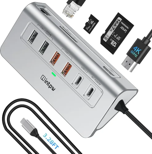 Vista 13 de intpw P9R PRO USB C Hub Ethernet, Estación de acoplamiento USB C de 10Gbps 10-en-1 con HDMI 4K@60Hz, Tipo-C y 2 USB A 3.2 Datos, LAN, 2 USB A 2.0