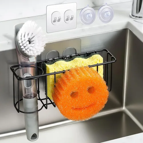 Vista 10 de Soporte de esponja 3 en 1 para fregadero de cocina, 2 opciones de suspensión (ventosas y gancho adhesivo), organizador de fregadero colgante