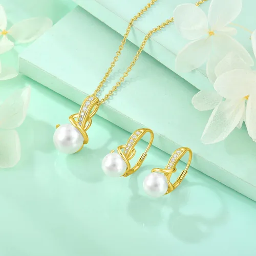 Vista 5 de Starchenie Juego de aretes de perlas de plata de ley 925 chapada en oro de 18 quilates para mujer
