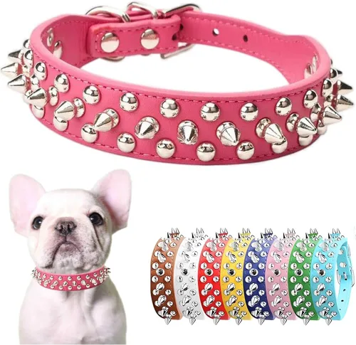Vista 14 de Collar de perro con púas para perros pequeños, a prueba de masticación, collar de púas para perros y gatos, de piel sintética, con remaches