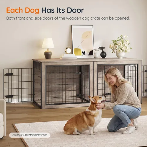 Vista 4 de HOOBRO Mueble de jaula para perros para 2 perros, mueble grande de 63 pulgadas para jaulas dobles con divisor, soporte de madera para interiores