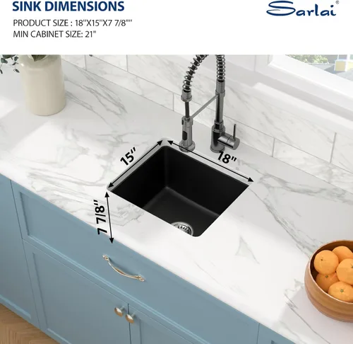 Vista 5 de Sarlai Fregadero de cocina negro de 18 x 16 pulgadas, fregadero de granito negro compuesto de cuarzo para montar debajo de la encimera, rectangular