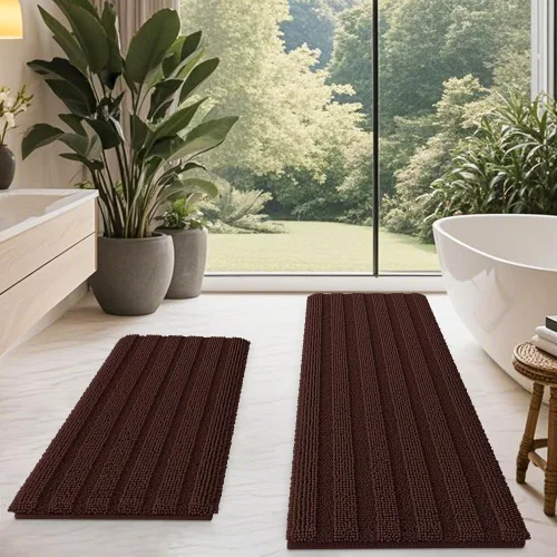 Vista 29 de ACCUMTEK - Juego de alfombras de baño a rayas beige de 3 piezas, ultrasuaves, antideslizantes de chenilla, alfombras de baño mullidas y absorbentes