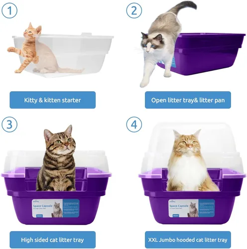 Vista 6 de Caja de arena para gatos Petfamily, caja de arena grande plegable jumbo con techo y tapa transparente (morado)