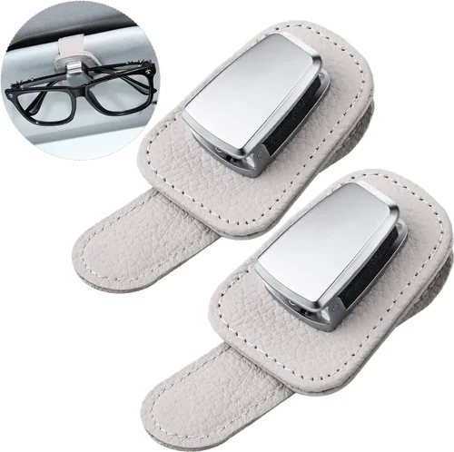 Vista 7 de 2 paquetes de soporte universal para anteojos para el automóvil, soporte para lentes de sol, clip de cuero para anteojos y clip para tarjeta de Beige