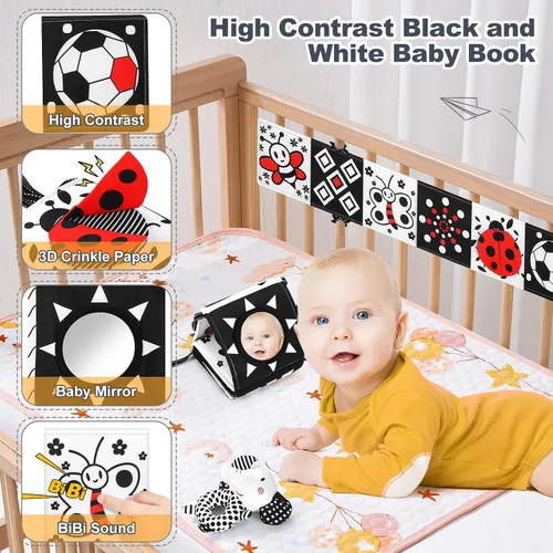 Vista 4 de Juguetes para recién nacidos, juguetes para bebés de alto contraste en blanco y negro, de 0 a 6 meses, con tarjetas sensoriales y sonajero, esencial