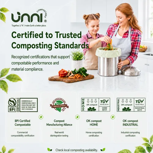 Vista 6 de Bolsas de basura compostables UNNI, 2.6 galones / 9.84 litros, 100 unidades, extra gruesas de 0.71 mil, forros para contenedores pequeños de restos