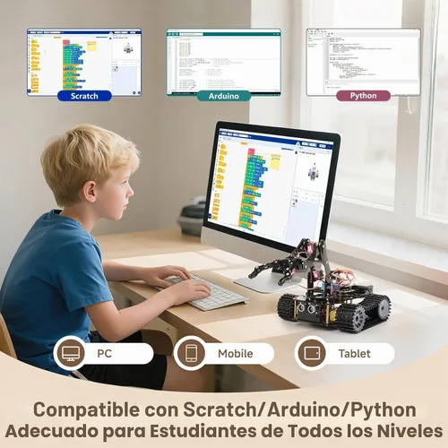 Vista 7 de Robótica para niños de 12 a 16 años, brazo robot inteligente ACEBOTT con 5DOF + auto tanque, kit de codificación de juguetes STEM compatible