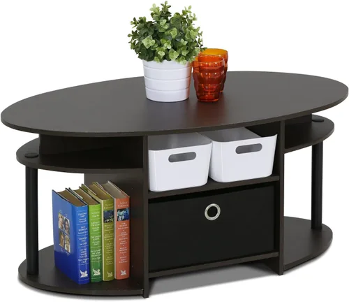 Vista 9 de Furinno Jaya Mesa de Centro Ovalada de Diseño Simple con Contenedor para Sala de Estar, Americano/Cromo/Negro